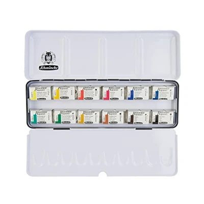 Immagine di Schmincke AKADEMIE® Aquarell scatola in metallo, assortimento base 12 x 1/1 godet, 75 312 097, colori altamente resistenti alla luce, acquarelli fini per artisti