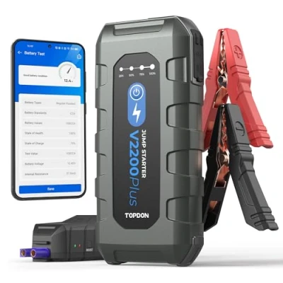 Immagine di TOPDON 2 in 1 Booster Avviamento Auto &amp; Tester per Batteria, 2200A Avviatore Batteria (per Motori Fino a 8L Gas/6L Diesel), 12V Starter di Emergenza con Torcia LED Carica Rapida USB3.0