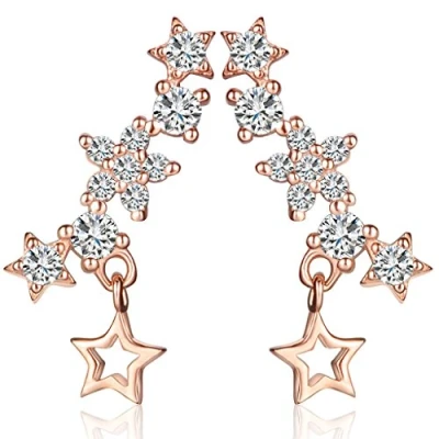 Immagine di Yumilok orecchini in argento Sterling 925 colore oro rosa con zirconi a forma di stelle, ipoallergenici, ideali per donne e ragazze