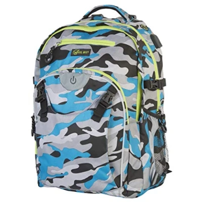 Immagine di Wheel Bee Zaino Scolastico Generation Z, Design: Blu Camuffare, Luce LED per Sicurezza e Visibilità, Trendy, Porta USB, Uscita Cuffie, Numerosi Scomparti, 950025