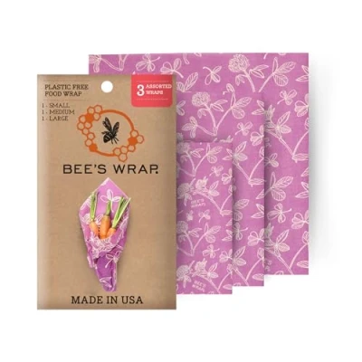 Immagine di Bee&#039;s Wrap Set di 3 Involucri Dimensioni assortite, Stampa Trifoglio, Cera d&#039;api, Viola, 33.020000000000003 x 35.56 0.3 cm