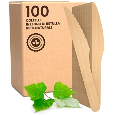 Immagine di 100 Coltelli Ecologici Baciato Caffè in Legno di Betulla Monouso 100% Naturali Biodegradabili e Compostabili Posate Usa Getta