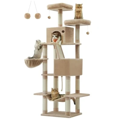 Immagine di Feandrea Albero per Gatti, Alto 206 cm, Tiragraffi Gatti con 13 Graffiatoi, 2 Posatoi, Grotte, Cesto, Amaca, Pompon, in Peluche a più Livelli all’Interno, Marrone Cammello PCT190K01
