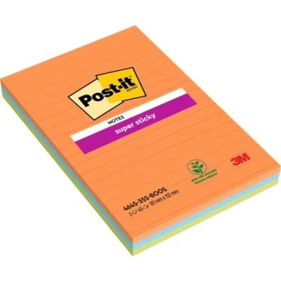 Immagine di Post It Super Sticky Grandi Formati, Collezione Boost, a Righe, 101 mm x 152 mm, 45 Fogli/Blocchetto, 3 Blocchetti/Confezione