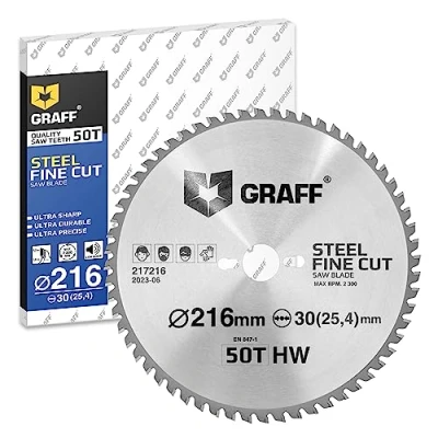 Immagine di Lama per Sega 216x30 mm Circolare, Troncatrice, Circolare da Banco, a Batteria — Disco Taglio Metallo, Alluminio, Acciaio Costruzione 50 Denti di GRAFF