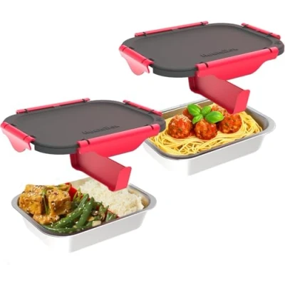 Immagine di Faitron Set di 2 ciotole cucina in acciaio inox a prova perdite con separatore (925 ml), senza BPA, coperchio per il trasporto, resistenti fino 200C, HeatsBox Style e Style+