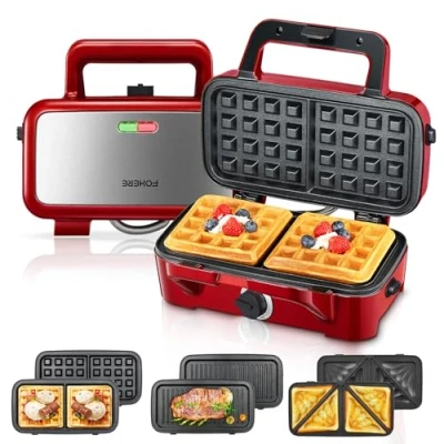 Immagine di Piastra Waffles Maker 3 in 1, 1200W Tostapane Panini, Tostiera Elettrica, ad Alta Potenza, Controllo della Temperatura a 5 Marce, Deposito Cavi, Rivestimento Antiaderente, Rosso d&#039;Epoca