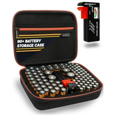 Immagine di AKIELO + Scatola per batterie con tester universale senza disordine Contiene 90 AA, AAA, C, 9 V (non incluse)