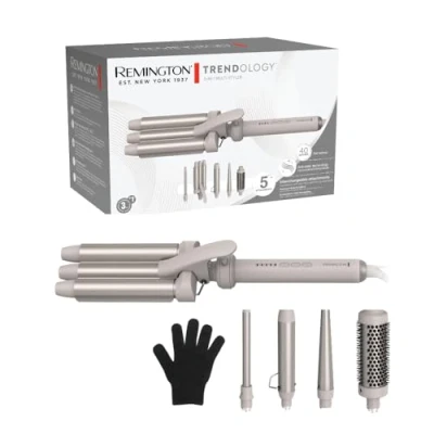 Immagine di Remington Ferro Arricciacapelli 5in1, Ondulatore, [3 Bacchette in ceramica 13 25mm, Spazzola rotonda, Accessorio Onde] Display LED 130 210C, Onde da spiaggia, Ricci spiralati e naturali CI41MS5E51