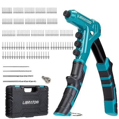 Immagine di LIBRATON Rivettatrice Manuale, Pistola Professionale con 200 Rivetti in Alluminio, Include 4 Punte da Trapano, Teste di Rivetto Senza Utensili (2,4mm, 3,2mm, 4,0mm, 4,8mm)