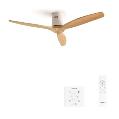 Immagine di CREATE / WINDCALM/Ventilatore da soffitto con comando e controller parete, motore DC bianco pale legno naturale 40 W, silenzioso, Ø132 cm, 6 velocità, timer, funzione estate inverno
