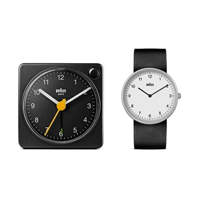 Immagine di Braun Set regalo Bundle, orologio analogico al quarzo a 2 lancette con cinturino in gomma siliconica nera e da viaggio nero classico, BN0231WHBLKG, BC02XB (2 Pack)