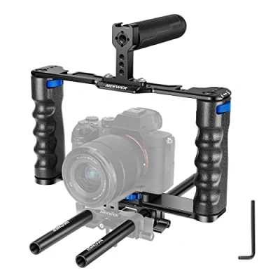 Immagine di NEEWER Kit di montaggio per videocamera in lega alluminio con due maniglie superiori, aste da 15 mm, compatibile Sony A7S III,Sony A6600 Canon EOS R5 R6 DSLR Mirrorless Camera Nero Blu