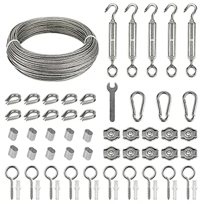 Immagine di 35m 2mm Cavo Acciaio Inossidabile Kit 60pcs Corda/Fune e Tenditore Inox con gancio occhio, Bulloni di Vite Dell&#039;occhio Doppi Manicotti in Alluminio Redance