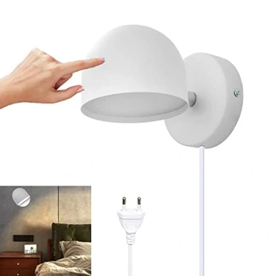 Immagine di Lampada da Parete Interno con Spina, LED 9W Applique Touch Control Dimmerabile, Girevole a 350 Comodino, 3000K Bianco Caldo Regolabile Luce Lettura per Camera Letto,Bianca