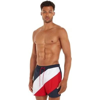 Immagine di Tommy Hilfiger Global Stripe Medium Drawstring Shorts da mare, Uomo, Taglia: XXL, Desert sky