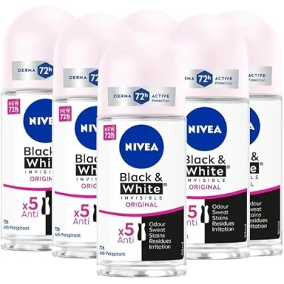 Immagine di NIVEA Black &amp; White Invisible Original Roll on 6 x 50 ml, Deodorante Donna Efficace 72h, Antitraspirante per Odori, Sudore, Residui, Irritazioni e Macchie su Tessuti Chiari Scuri