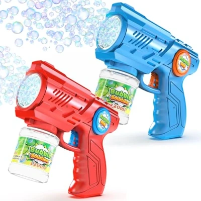 Immagine di Blubbel 2x Sparabolle di Sapone LED, Pistola Giochi, Macchina Automatica, Bubble Gun, Cannone d’Aria, Giocattolo Matrimonio, Regalo Estivo Bambini, 50ml Liquido Incluso