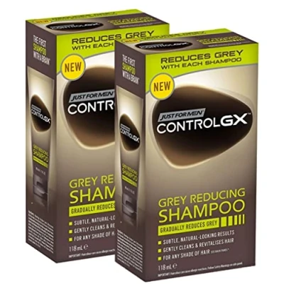 Immagine di Just For Men Control GX Shampoo riducente per capelli grigi, con olio di cocco e aloe vera, nuova formula migliorata, tutte le sfumature, 118 ml x 2 unità Pack Promoo