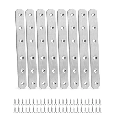 Immagine di QWORK® 8 Pezzi 160x20x3mm Piastre Staffa Piatta Forata, di Giunzione per Riparazione, In Acciaio INOX, Fissaggio Mensola Supporto Mobili con 48 viti