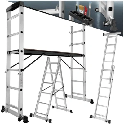 Immagine di tectake® Scala Alluminio 4 in 1 Multifunzione con Piattaforma da Lavoro, Ponteggio Lavoro Ruote, Pieghevole,