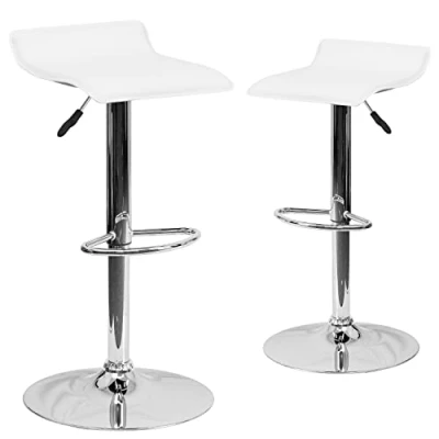Immagine di Flash Furniture 2 sgabelli da Bar contemporanei in Vinile, Altezza Regolabile, con Seduta ondulata Solida e Base cromata, Microfibra di Legno Duro, Bianco, Pezzi, unità
