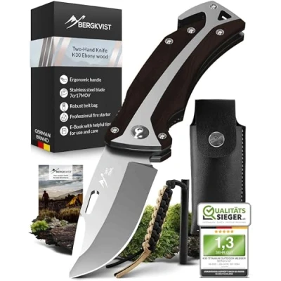Immagine di BERGKVIST® K30 Coltello pieghevole 3 in 1 (coltellino tascabile a due mani) per la sopravvivenza, caccia e il campeggio con tagliacinture rompivetro Manico ebano