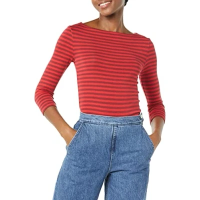 Immagine di Amazon Essentials T Shirt con Scollo a Barchetta in Tinta Unita Manica 3/4 e vestibilità Aderente Donna, Rosso Bordeaux Righe, XL