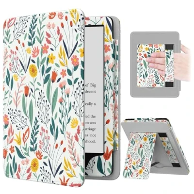 Immagine di MoKo Custodia Compatibile Con 7&quot;/6.8&quot; Kindle Paperwhite(12th/11th Generazione 2024/2021), Magnete Riattivazione e Standby, Supporto Verticale Cinturino per Presa a Mano, Fiori