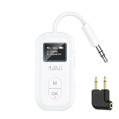 Immagine di 1Mii Adattatore Bluetooth 5.3 per Aereo 2 Cuffie/Airpod, aptX AD/HD/LL Ricevitore Trasmettitore Bluetooth, Audio Wireless Jack 3.5 TV/Impianto Stereo/Palestra/Auto Safefly Pro