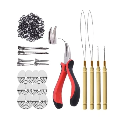 Immagine di Set di strumenti estensione dei capelli: pinze per l&#039;estensione capelli, micro ago e anello in silicone (nero)