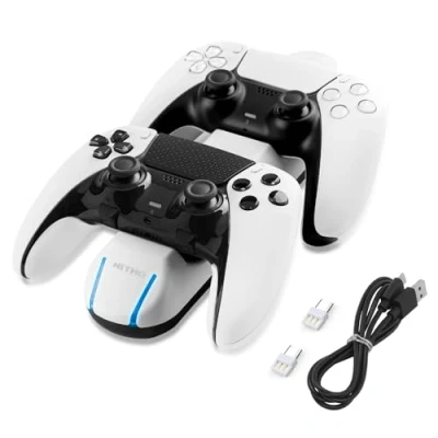 Immagine di NiTHO PS5 stazione di ricarica con spine facili e sicure Dock Playstation 5 controller PS5/ Edge Indicatori LED, rapida, bianco