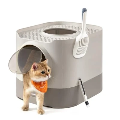 Immagine di Feandrea Lettiera per Gatti Chiusa, Toilette XXL, con Coperchio, Vassoio Estraibile, Paletta, Spazzola, Grandi, Meno Tracce, Antiperdita, Colore Avena e Grigio Caldo PPT002G01