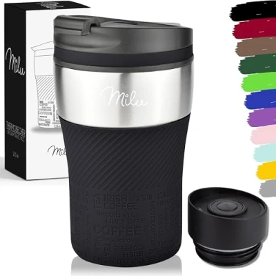 Immagine di Milu Tazza Termica da viaggio per caffè 210ml 100% a Prova di perdite Isolata e tè portare via bere in acciaio inossidabile Caldo freddo Nero