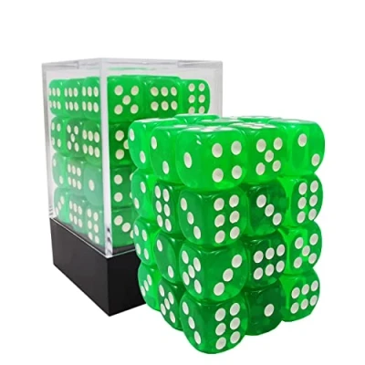 Immagine di Bescon 12mm 6 Sided Dice 36 in Brick Box, Six Die (36) Block of Dice, Translucent Green with White Pips