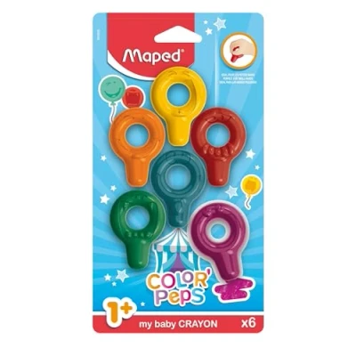 Immagine di Maped Color&#039;Peps Baby Gessetti in cera per bambini, pastelli di bambini + 18 mesi, confezione da 6 colori assortiti, ergonomico, multicolore