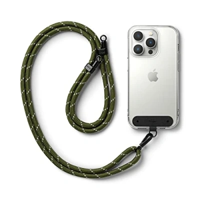 Immagine di Ringke Holder Link Strap Con Etichetta Nylon Nero, Tracolla Regolabile Cordino Corda Poliestere Compatibile Custodia Universale per Cellulare Khaki &amp; White
