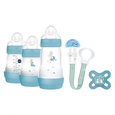 Immagine di MAM Set de Recién Nacido, Regalo, Incluye: 2 Biberones Anticólico 160ml, 1 Biberón 260ml, Chupete Original Start, Broche para Chupetes, a partir 0 meses, Azul