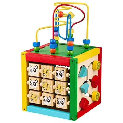 Immagine di BALINCO Motor Cube Jungle, a 5 Facce, Include Labirinto di Perline, Abaco, Blocchi da Costruzione, Orologio lancette tigrato, cubo per Bambini, Giocattolo in Legno Partire 6 Mesi