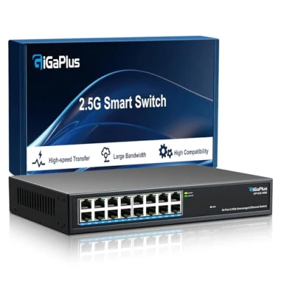 Immagine di Switch Ethernet non gestito a 16 porte 2.5 Gb, Base T 2.5Gbps. di rete GiGaPlus 2.5Gbps per NAS/PC 2.5Gbps, AP wireless, router WiFi6. Plug and Play, design senza ventola