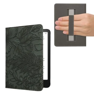 Immagine di kwmobile Custodia Cinturino Mano Compatibile con AmazonKindle Paperwhite (12. Gen 2024)/Kindle Colorsoft Cover eBook Reader Case eReader Simil Pelle Fiori in Rilievo Verde