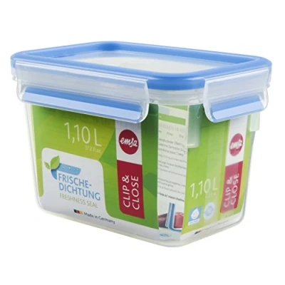 Immagine di Emsa 508541 Contenitore per alimenti rettangolare con coperchio, 1,1 litri, trasparente / blu, Clip &amp; Chiudi