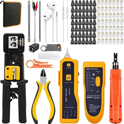 Immagine di MAYLINE Pinza Crimpatrice RJ45 Strumenti Kit di Rete Professionali LAN Tester, RJ11/RJ12 Crimping Toolper Cavi a Crimpare per Cavo 8P6P, Cirmpatura CAT5 CAT6(Giallo)