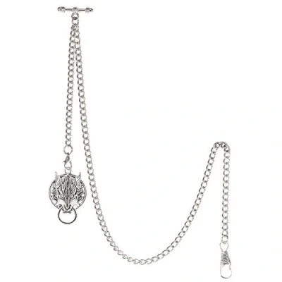 Immagine di TREEWETO Albert Orologio da taschino uomo, con catena a maglia barbazzale, 2 ganci, ciondolo forma di lupo antico, design barra T, Argento, Antico