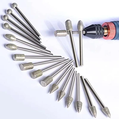 Immagine di Set di frese diamantate per intaglio, kit lucidatura 20 pezzi accessori utensili rotanti asta 1/8&#039; incisione, macinazione, pietre, rocce, gioielli, vetro, ceramica