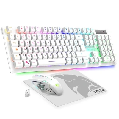 Immagine di Empire Gaming Armor RF800 Pack Clavier Souris sans Fil AZERTY (Français Layout) RGB avec Tapis de 2.4G 4800 DPI PC PS4 PS5 Xbox One/Series Mac Blanc
