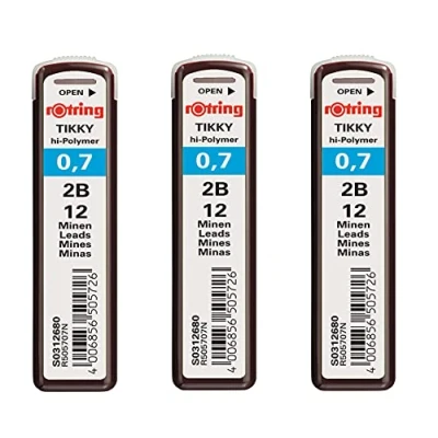 Immagine di Rotring Tikky Ricariche per matite meccaniche, 0,7 mm, 2B, ad alta polimero, 36 cavi in totale, confezione da 3 tubi