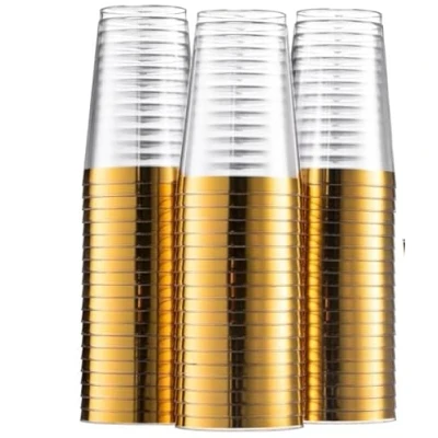 Immagine di DECORLINE Bicchieri di plastica riutilizzabili Set da 50 pezzi 280 ml infrangibili, senza BPA Ideale per cocktail, acqua, vino rosso e bianco Trasparente con bordo Dorato