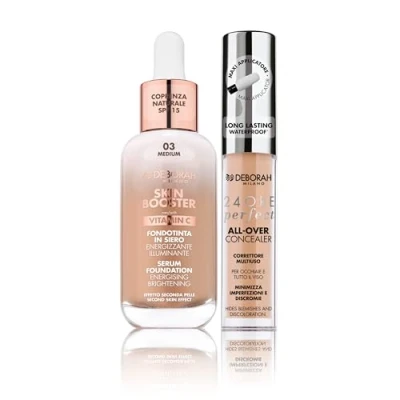 Immagine di Deborah Milano Set Fondotinta in Siero Skin Booster SPF15,N.3 Medium, con Vitamina C, Effetto Naturale,30 ml e Correttore Fluido 24 Ore Perfect All Over, 03 Sand, Lunga Tenuta Waterproof, 5.5 gr