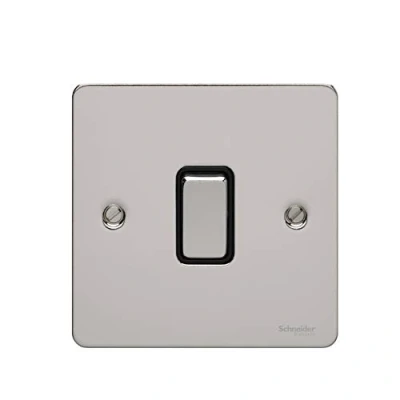 Immagine di Schneider Electric Ultimate Flat Plate Interruttore singolo a 2 vie, intermedio, 16AX, GU1214BPC, cromato lucido con inserto nero